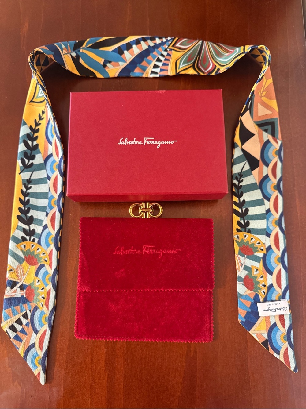 Salvatore Ferragamo Multicolor Geometric Silk Twilly with Gold ring - Picture 2 of 5